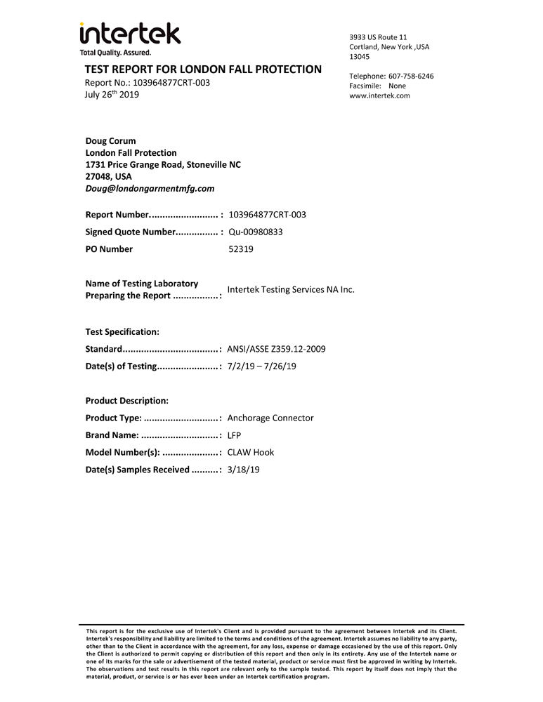 London Garment Manufacturing, LLC Product Testing